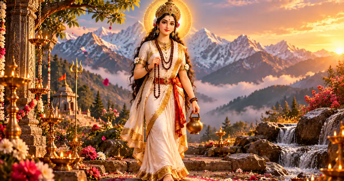 Maa Brahmacharini in white, holding a rosary and water pot, walking barefoot in the mountains at sunrise