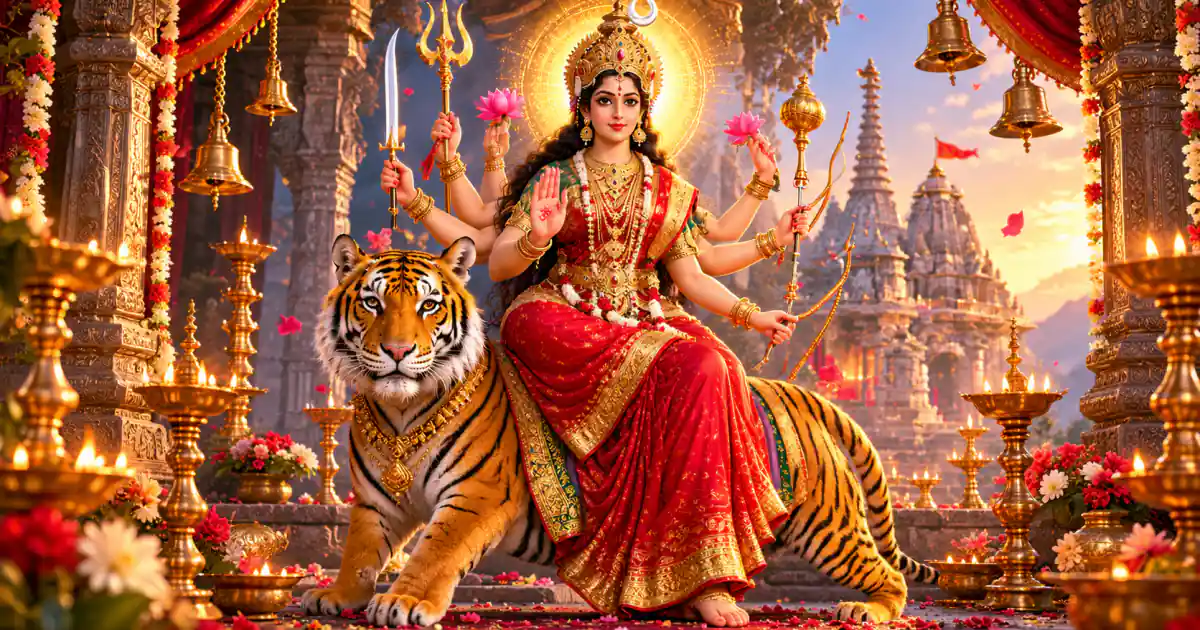 Maa Chandraghanta seated on a tiger in front of a golden temple, holding weapons in her many hands