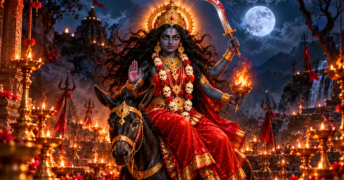 Maa Kalaratri with dark skin and loose hair, riding a donkey under a full moon among lit lamps