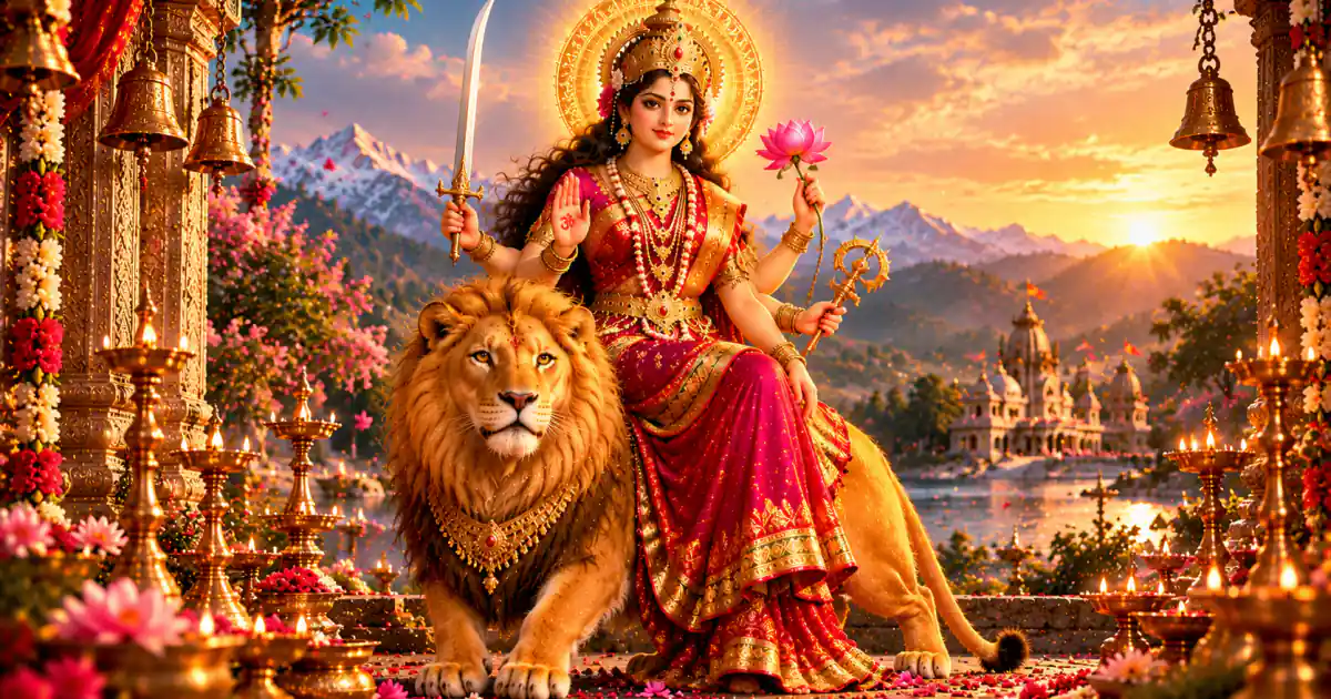 Maa Katyayani seated on a lion, holding a sword and a lotus, at a mountain temple at sunset