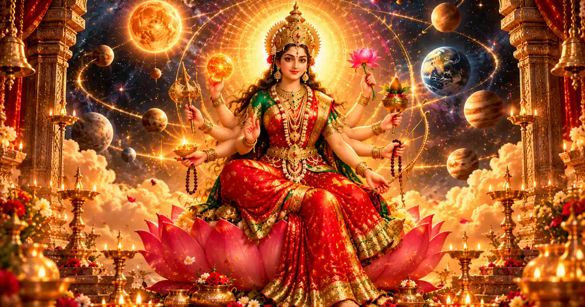 Maa Kushmanda seated on a lotus with planets and a glowing sun around her