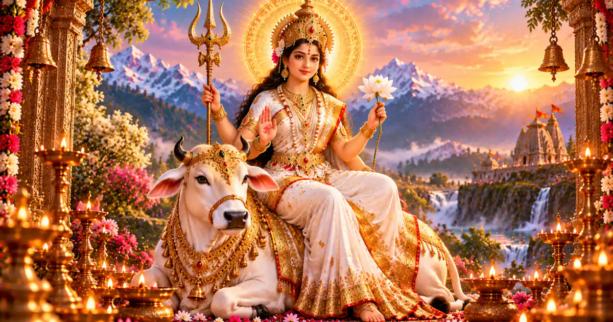 Maa Mahagauri dressed in white, seated beside a white bull and holding a trident