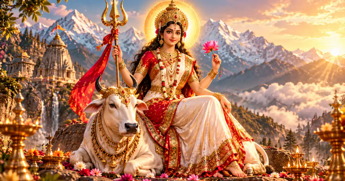 Maa Shailputri seated beside a white bull, holding a trident, with snowy mountains behind her
