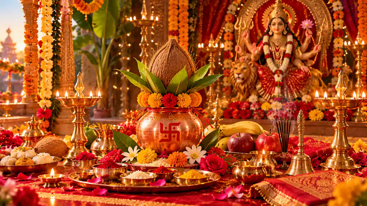 A decorated kalash with mango leaves and a coconut placed before an idol of Goddess Durga