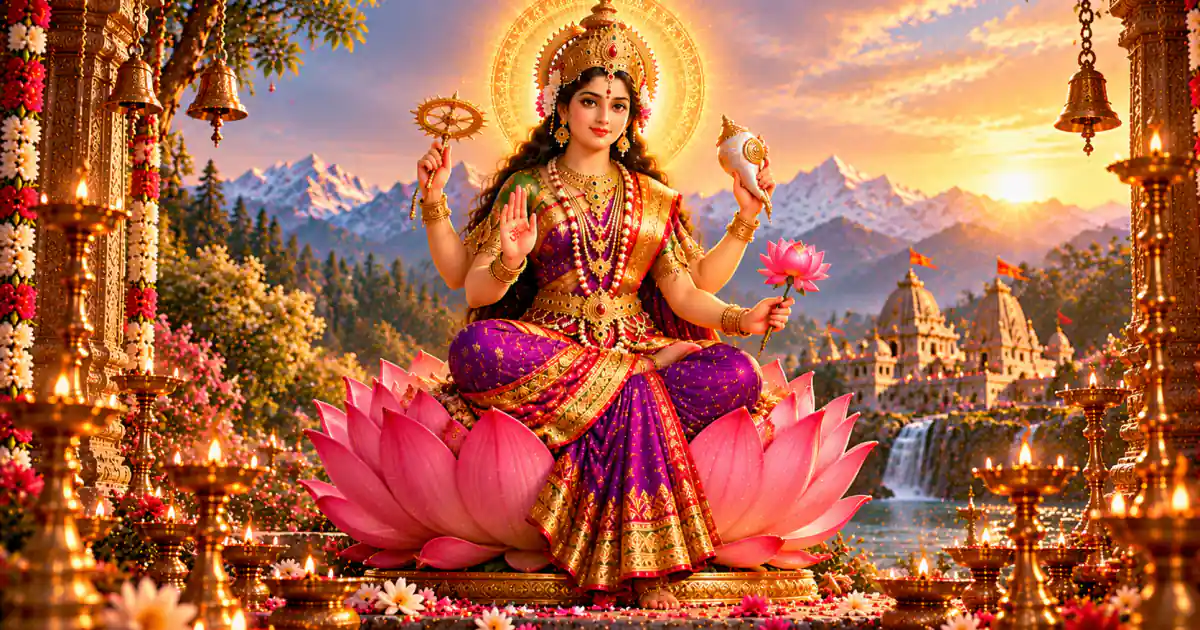 Maa Siddhidatri seated on a pink lotus, holding a discus and a lotus flower