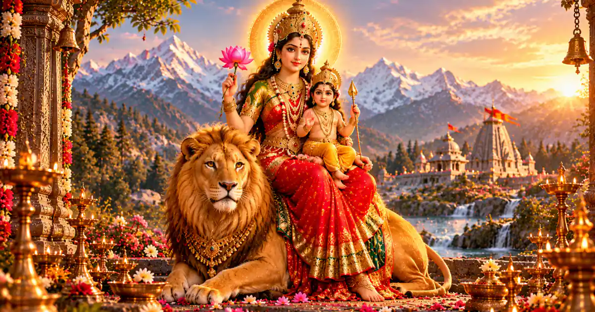 Maa Skandamata holding the child Skanda on her lap, seated beside a lion