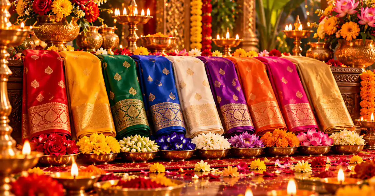 Silk sarees in many colours displayed above rows of flowers and lit lamps