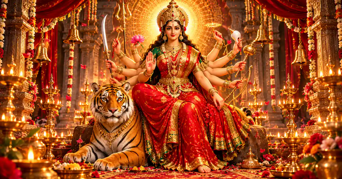 Goddess Durga seated on a tiger inside a temple decorated with flowers and lamps