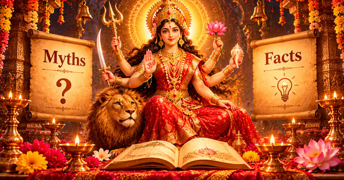 Goddess Durga seated between two scrolls labelled Myths and Facts
