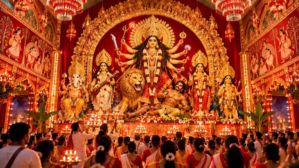 Crowds of devotees before a large Durga Puja pandal with the Goddess and her children