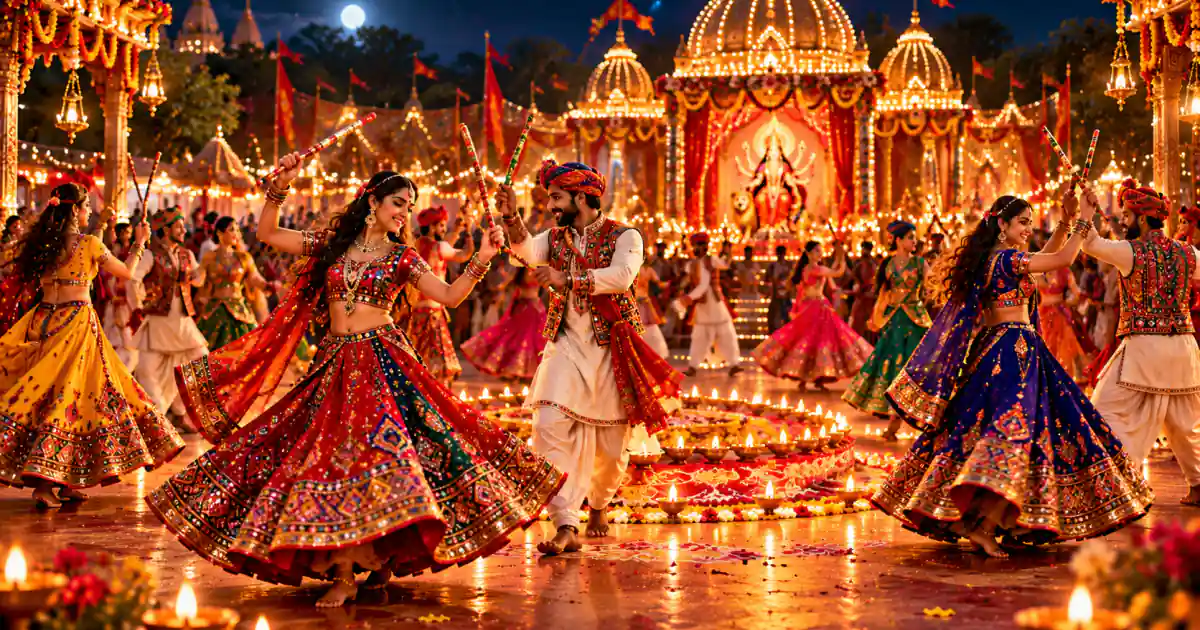 Women and men in festive clothes dancing Garba at night