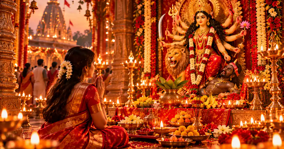 A woman in a red saree prays before an idol of Goddess Durga surrounded by lamps and flowers