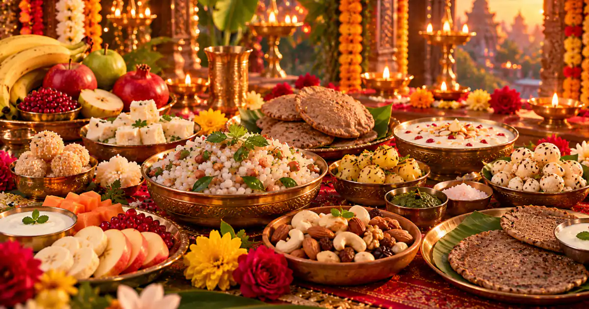 A festive table of vrat food with fruit, nuts, sweets and puris